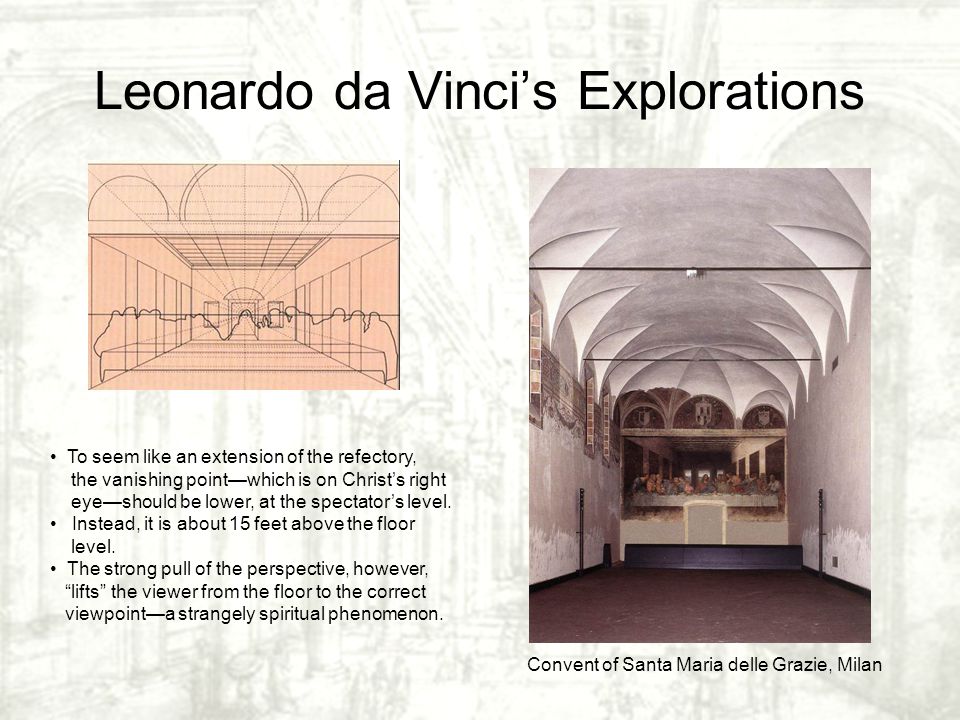 Leonardo da Vinci’s Explorations To seem like an extension of the refectory, the vanishing point—which is on Christ’s right eye—should be lower, at the spectator’s level.
