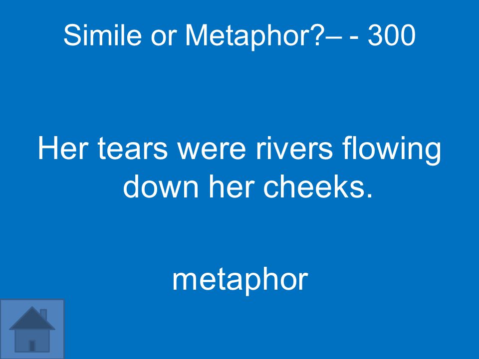 Simile or Metaphor – Her tears were rivers flowing down her cheeks. metaphor