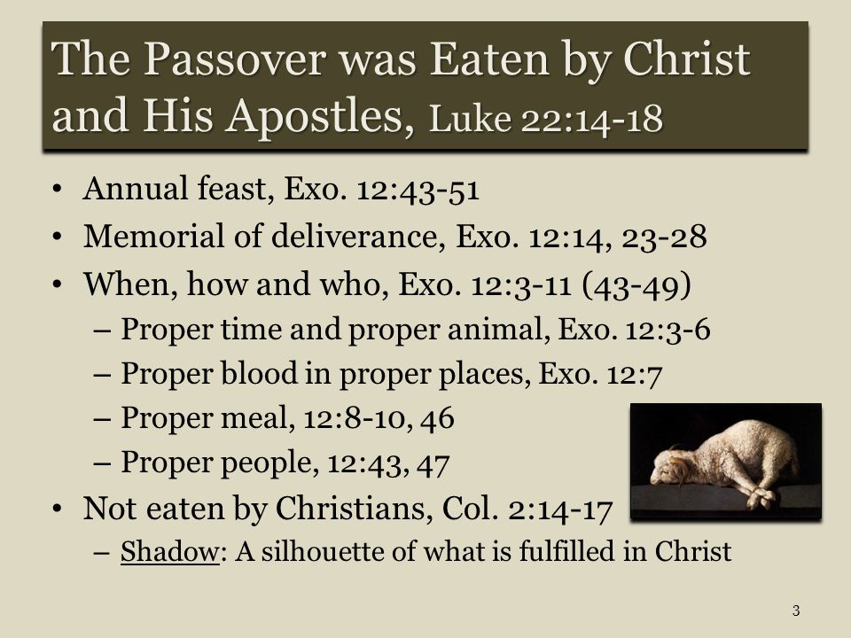 The Passover was Eaten by Christ and His Apostles, Luke 22:14-18 Annual feast, Exo.