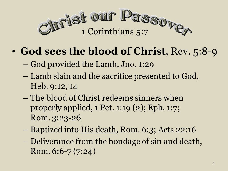 God sees the blood of Christ, Rev. 5:8-9 – God provided the Lamb, Jno.