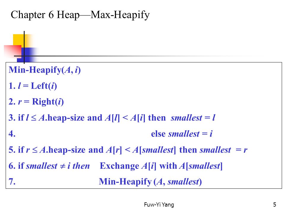 Fuw-Yi Yang5 Chapter 6 Heap—Max-Heapify Min-Heapify(A, i) 1.