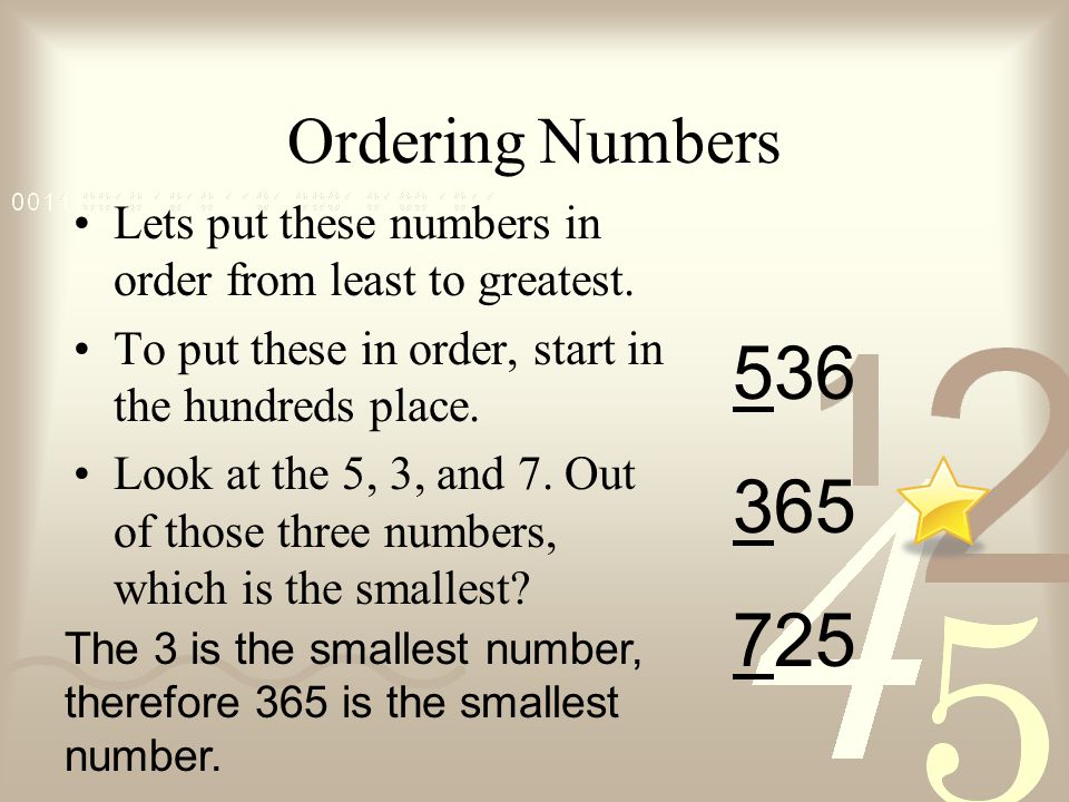 Ordering Numbers Lets put these numbers in order from least to greatest.
