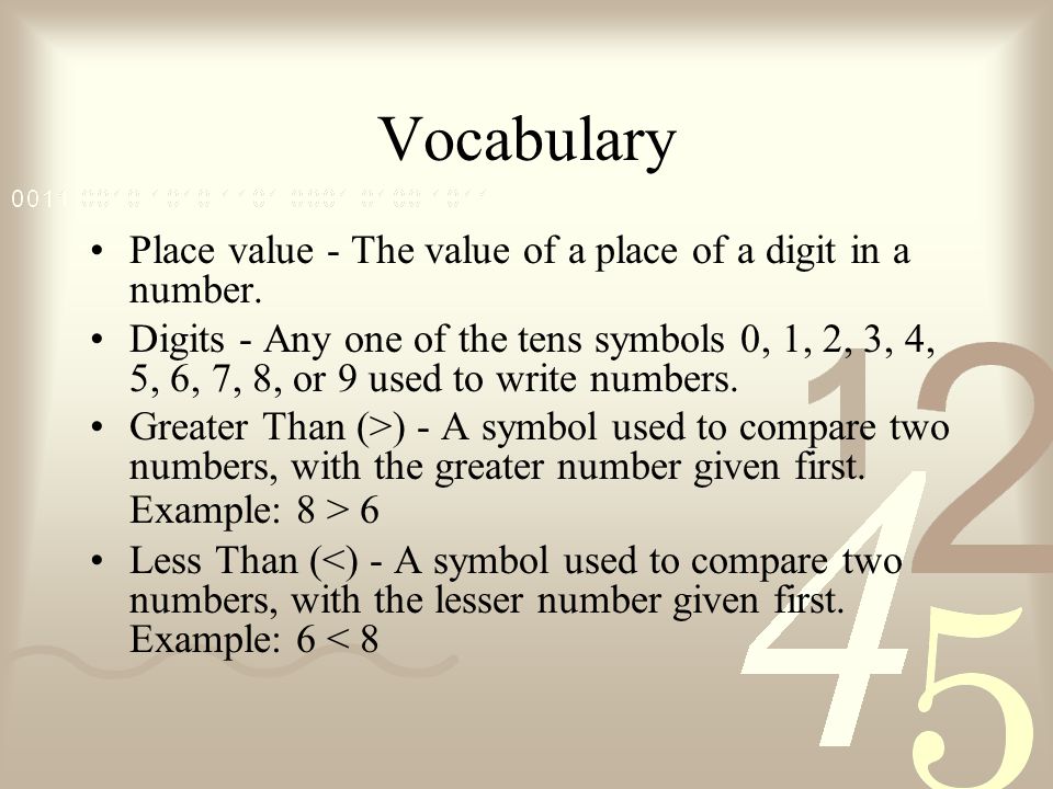 Vocabulary Place value - The value of a place of a digit in a number.