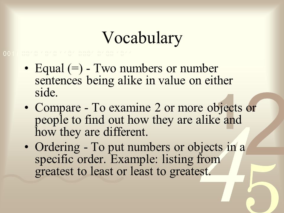 Vocabulary Equal (=) - Two numbers or number sentences being alike in value on either side.