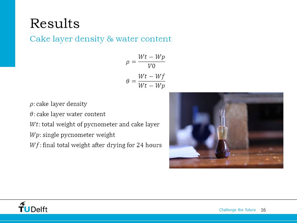 16 Challenge the future Results Cake layer density & water content