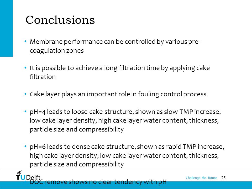 25 Challenge the future Conclusions Membrane performance can be controlled by various pre- coagulation zones It is possible to achieve a long filtration time by applying cake filtration Cake layer plays an important role in fouling control process pH=4 leads to loose cake structure, shown as slow TMP increase, low cake layer density, high cake layer water content, thickness, particle size and compressibility pH=6 leads to dense cake structure, shown as rapid TMP increase, high cake layer density, low cake layer water content, thickness, particle size and compressibility DOC remove shows no clear tendency with pH