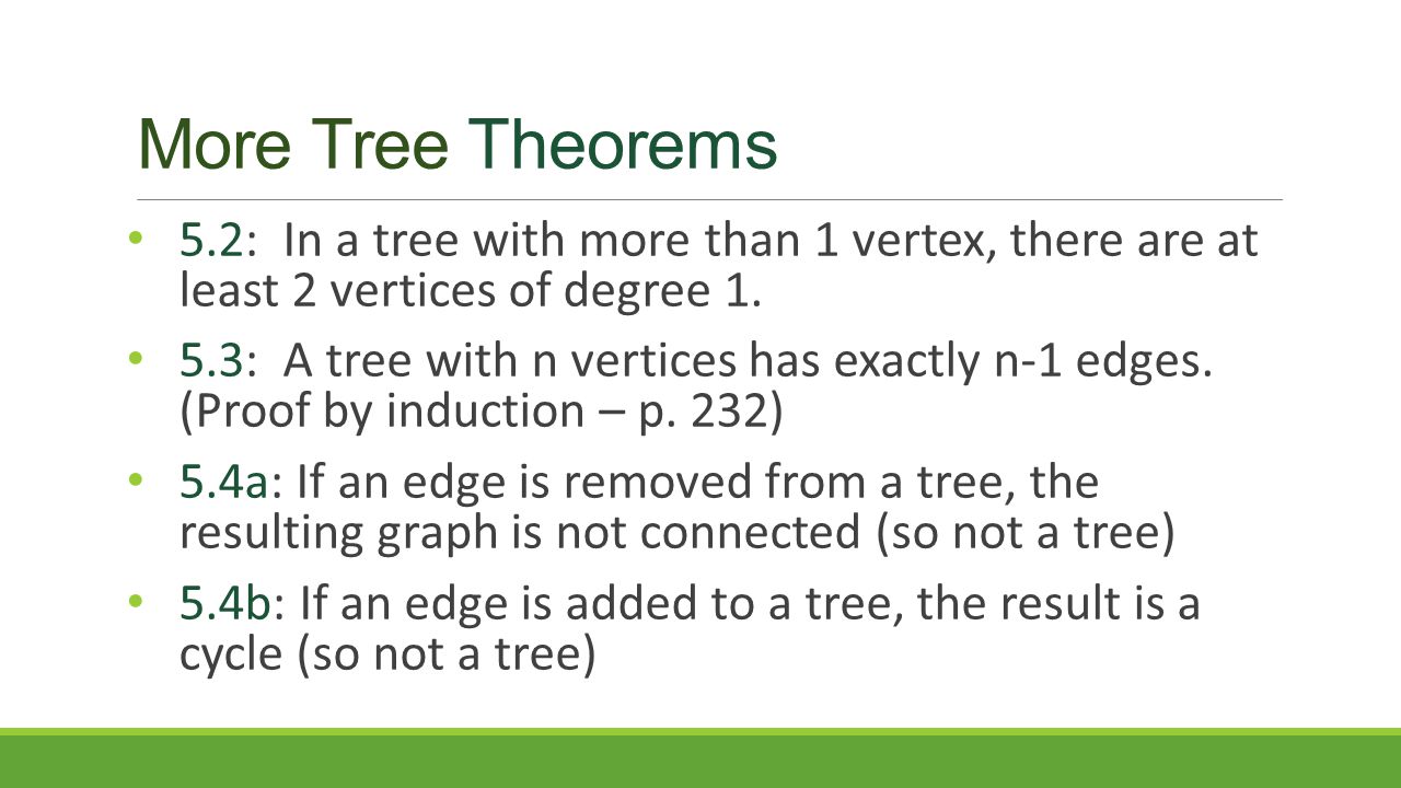 More Tree Theorems 5.2: In a tree with more than 1 vertex, there are at least 2 vertices of degree 1.