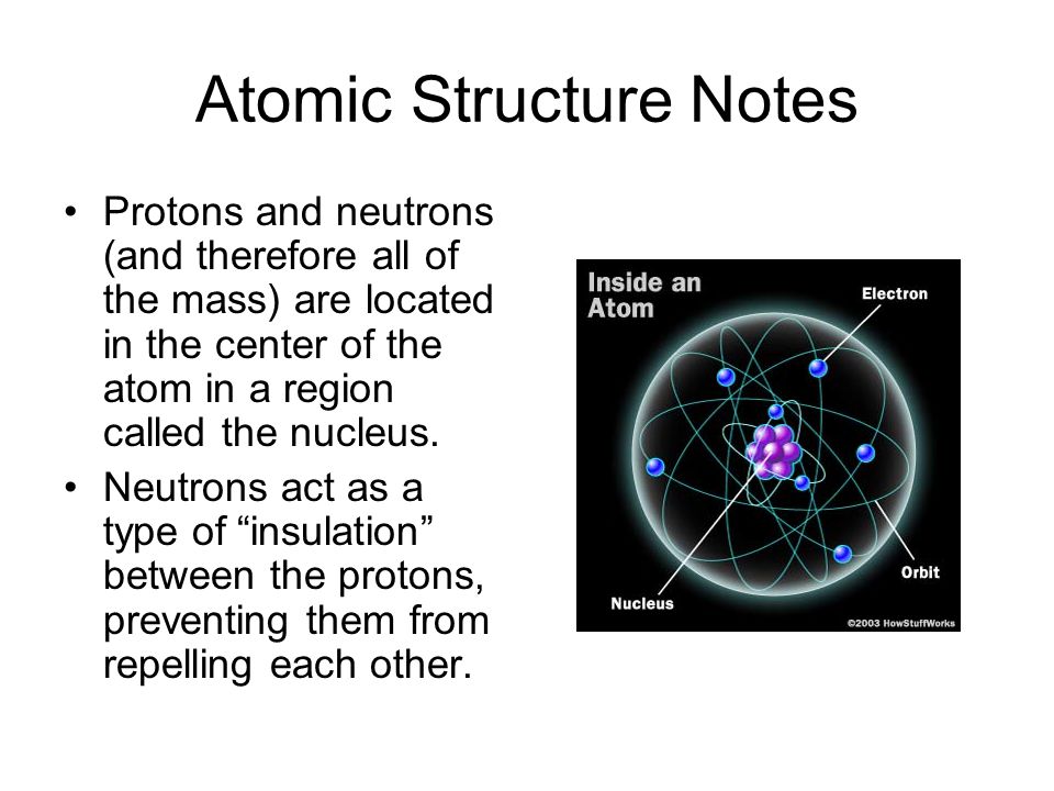 Atomic Structure Notes Protons and neutrons (and therefore all of the mass) are located in the center of the atom in a region called the nucleus.