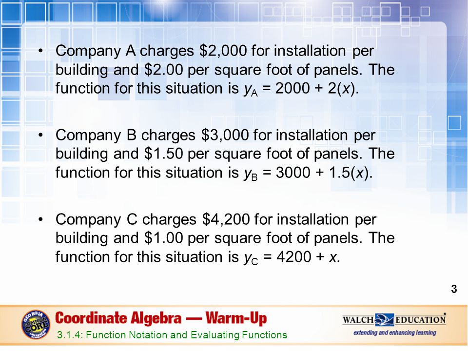 3 Company A charges $2,000 for installation per building and $2.00 per square foot of panels.