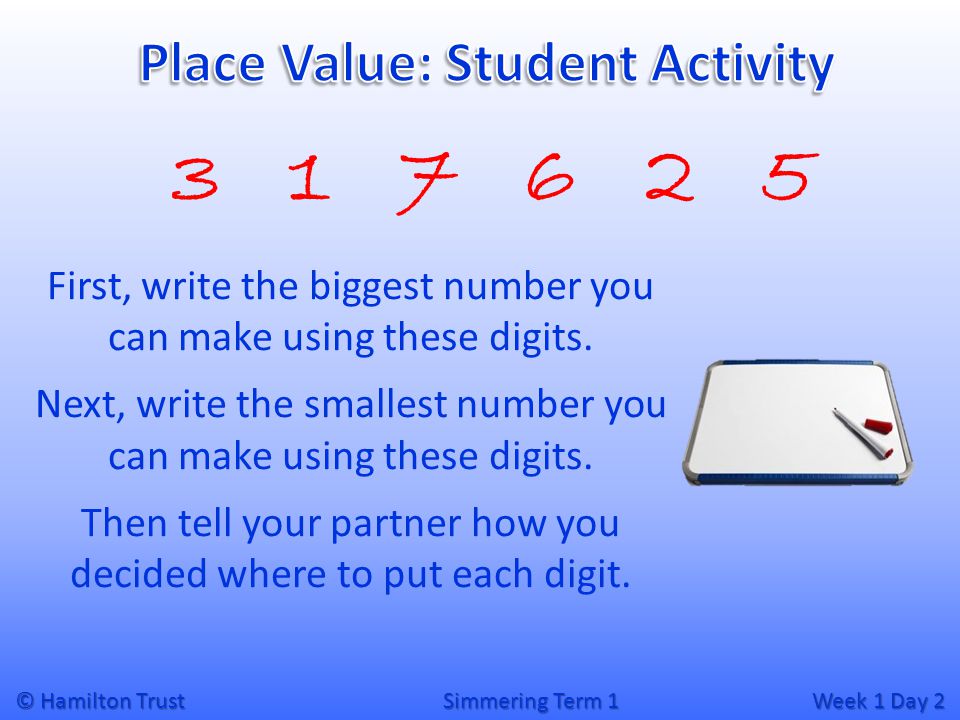 © Hamilton Trust Simmering Term 1 Week 1 Day 2 First, write the biggest number you can make using these digits.