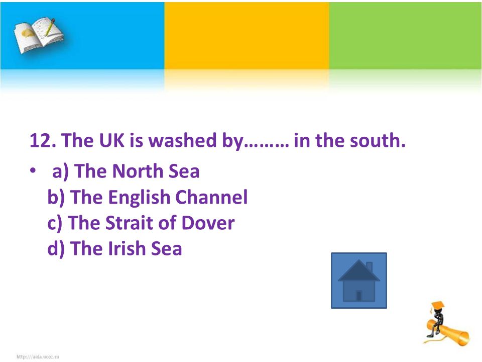 12. The UK is washed by……… in the south.
