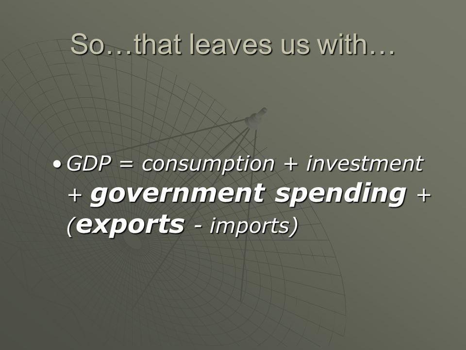 So…that leaves us with… GDP = consumption + investment + government spending + ( exports - imports)GDP = consumption + investment + government spending + ( exports - imports)