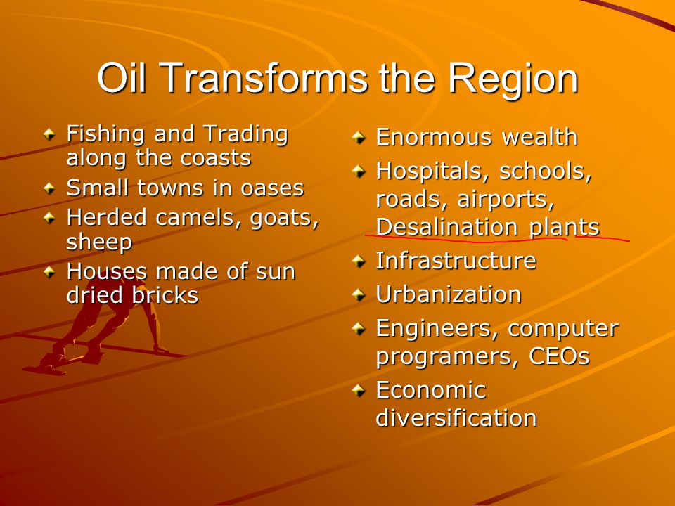 Oil Transforms the Region Fishing and Trading along the coasts Small towns in oases Herded camels, goats, sheep Houses made of sun dried bricks Enormous wealth Hospitals, schools, roads, airports, Desalination plants InfrastructureUrbanization Engineers, computer programers, CEOs Economic diversification