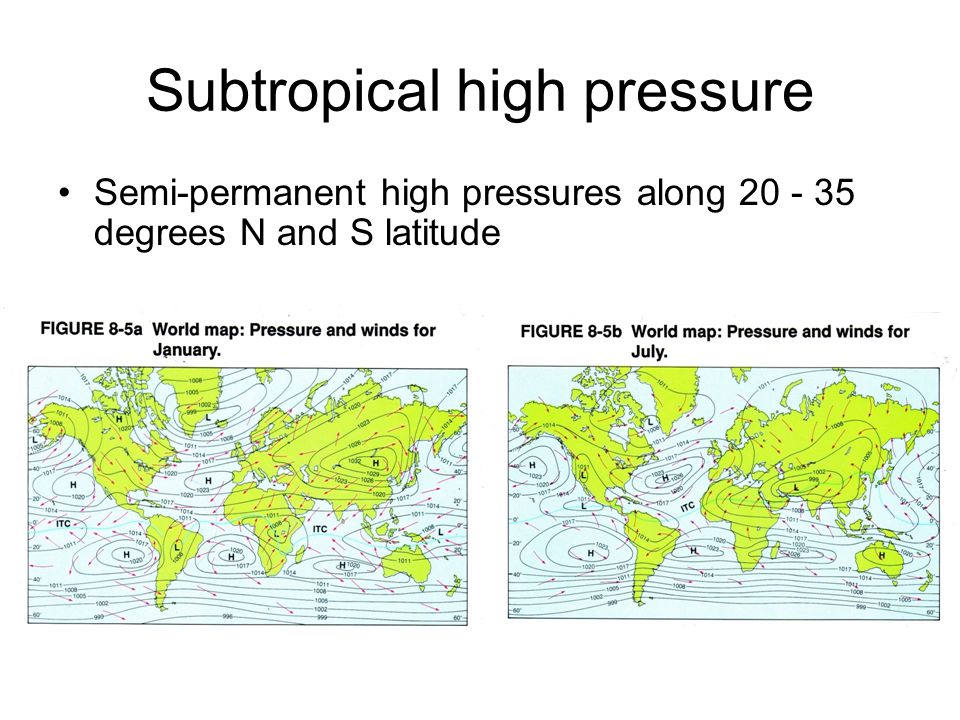Subtropical high pressure Semi-permanent high pressures along degrees N and S latitude