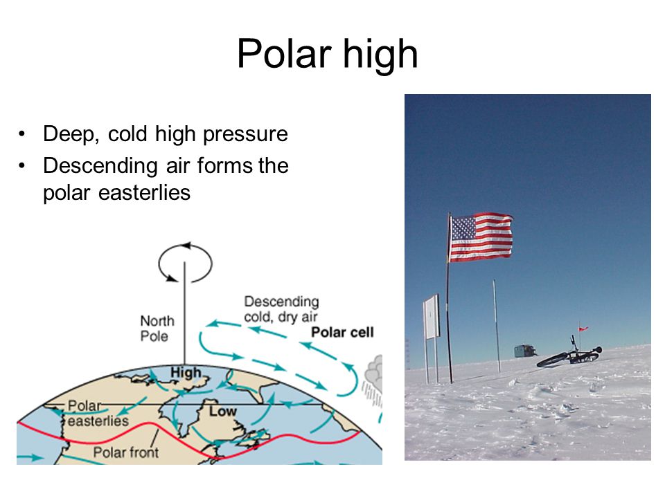 Polar high Deep, cold high pressure Descending air forms the polar easterlies