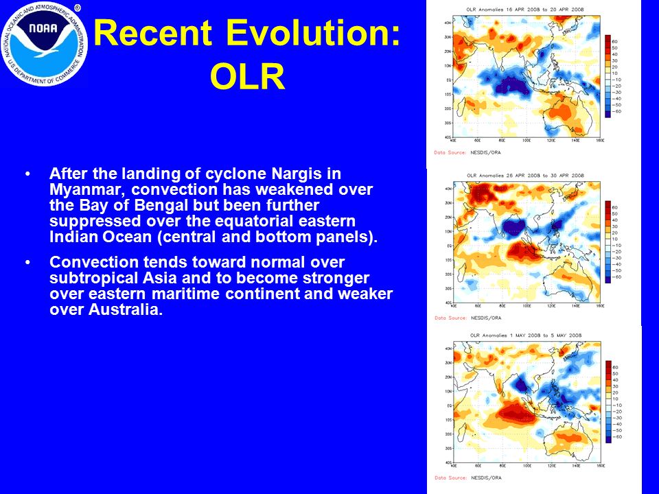 Recent Evolution: OLR After the landing of cyclone Nargis in Myanmar, convection has weakened over the Bay of Bengal but been further suppressed over the equatorial eastern Indian Ocean (central and bottom panels).