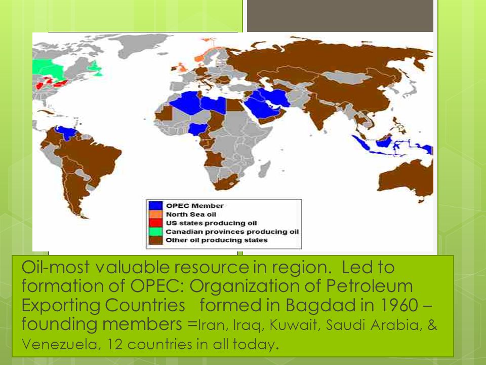 Natural Resources Black Gold = Oil White Gold = Water Desalination: Desalination: to remove the salt from something Constant water shortage plague the nations of the Arabian Peninsula and most of Middle East Desalination plants-pull water from Red Sea and Persian Gulf then convert it.