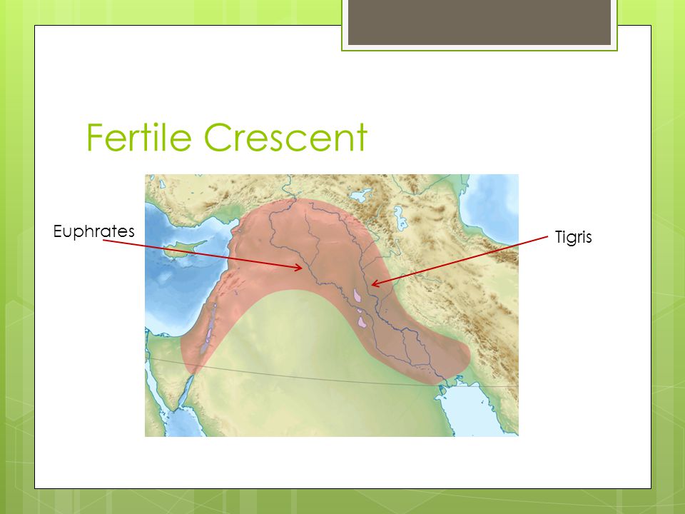 Fertile Crescent  Arc-shaped region that stretches from eastern Mediterranean to the Persian Gulf  Rich soil and abundant water, especially in the Tigris-Euphrates Valley made it a major population center.