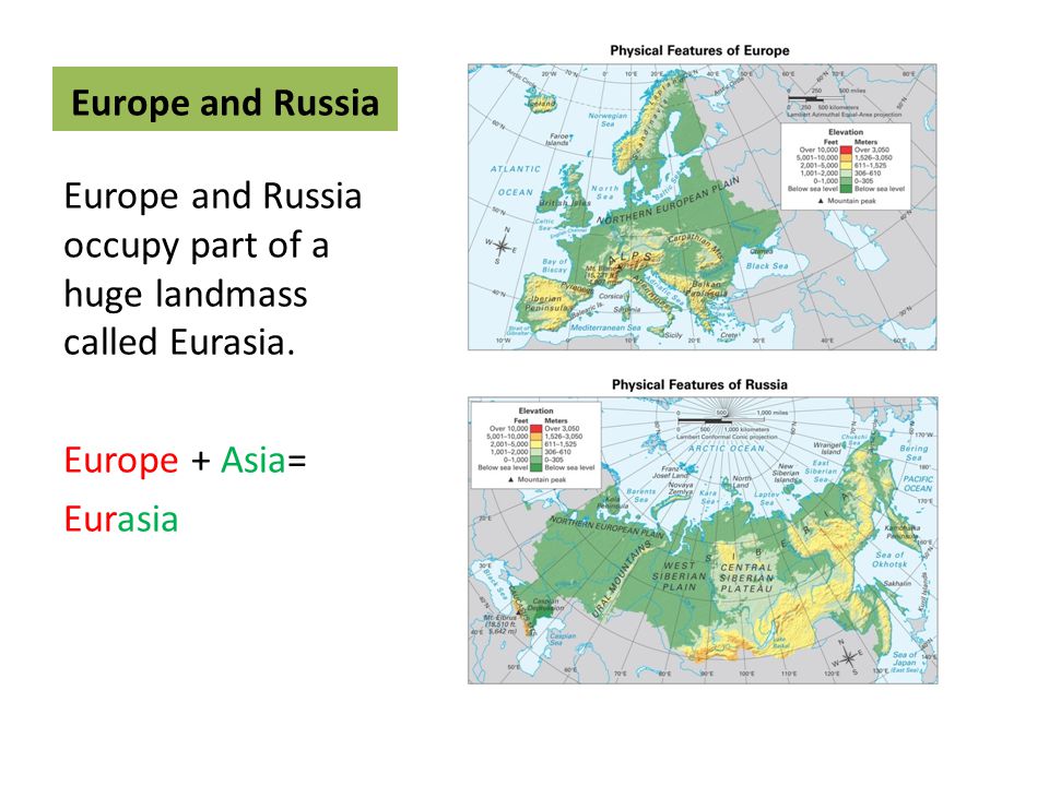 Europe and Russia Europe and Russia occupy part of a huge landmass called Eurasia.