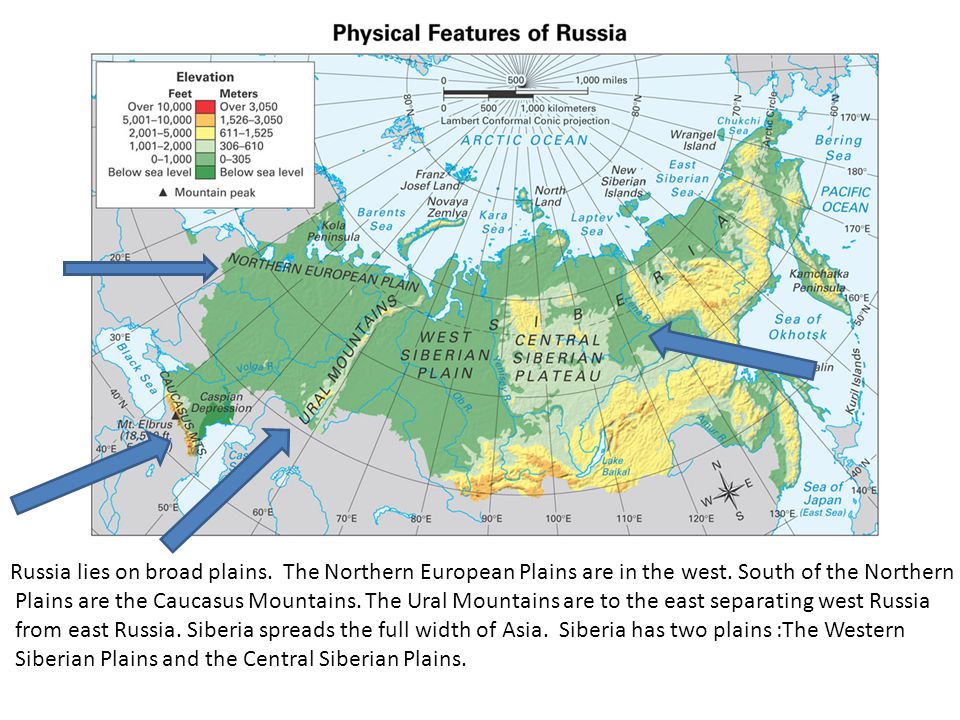 Russia lies on broad plains. The Northern European Plains are in the west.