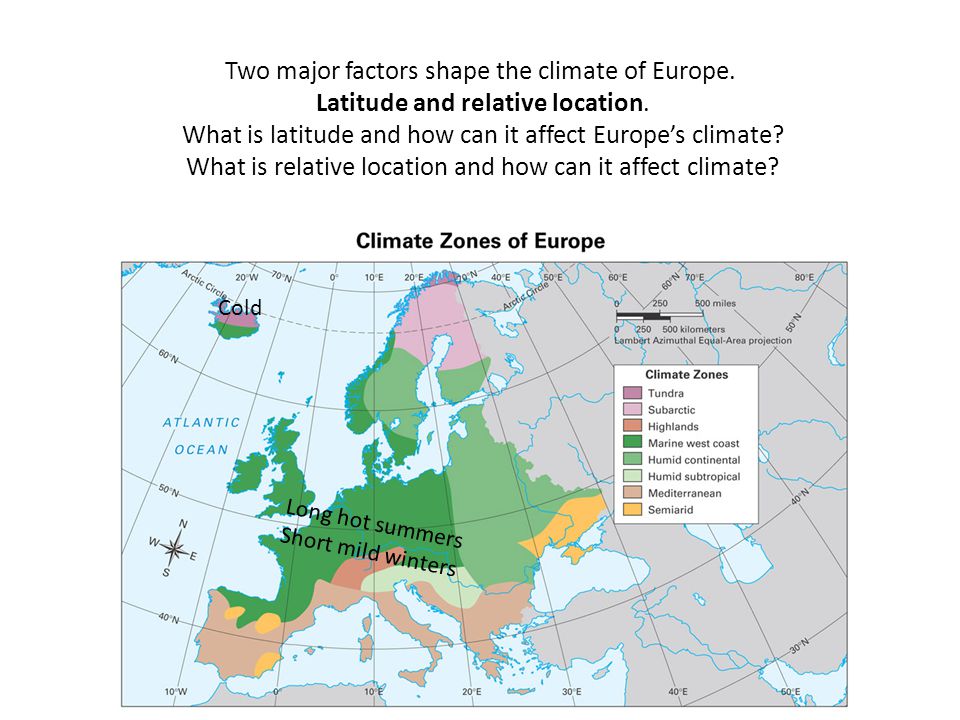 Two major factors shape the climate of Europe. Latitude and relative location.