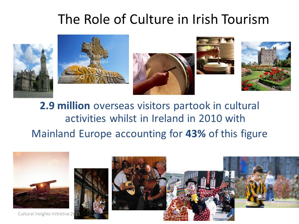The Role of Culture in Irish Tourism 2.9 million overseas visitors partook in cultural activities whilst in Ireland in 2010 with Mainland Europe accounting for 43% of this figure Cultural Insights Initiative 2011