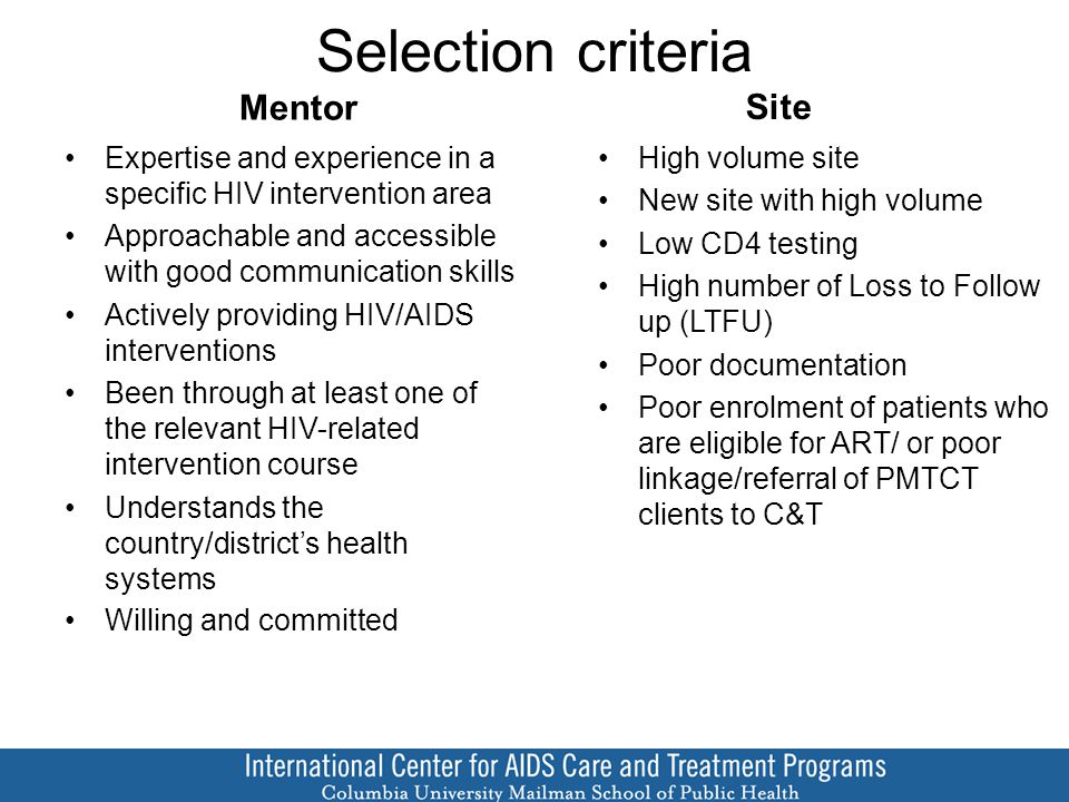 Selection criteria Mentor Expertise and experience in a specific HIV intervention area Approachable and accessible with good communication skills Actively providing HIV/AIDS interventions Been through at least one of the relevant HIV-related intervention course Understands the country/district’s health systems Willing and committed Site High volume site New site with high volume Low CD4 testing High number of Loss to Follow up (LTFU) Poor documentation Poor enrolment of patients who are eligible for ART/ or poor linkage/referral of PMTCT clients to C&T