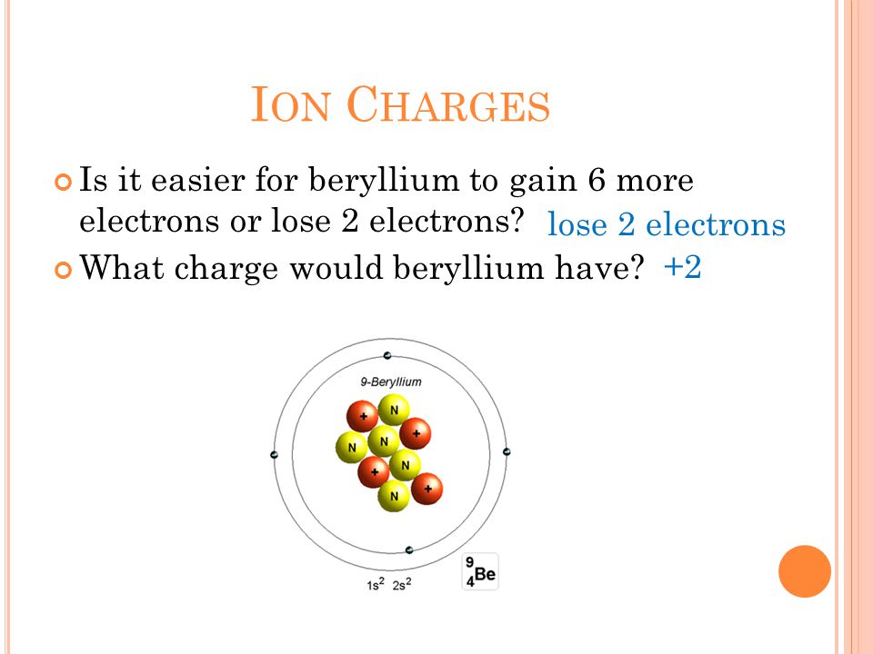 I ON C HARGES Is it easier for beryllium to gain 6 more electrons or lose 2 electrons.