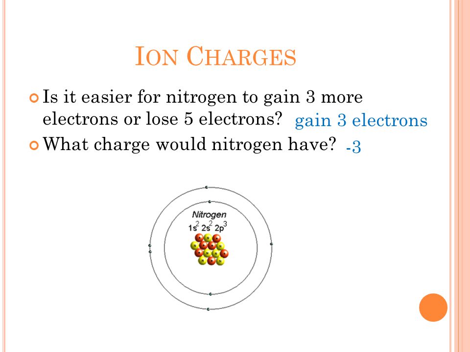 I ON C HARGES Is it easier for nitrogen to gain 3 more electrons or lose 5 electrons.