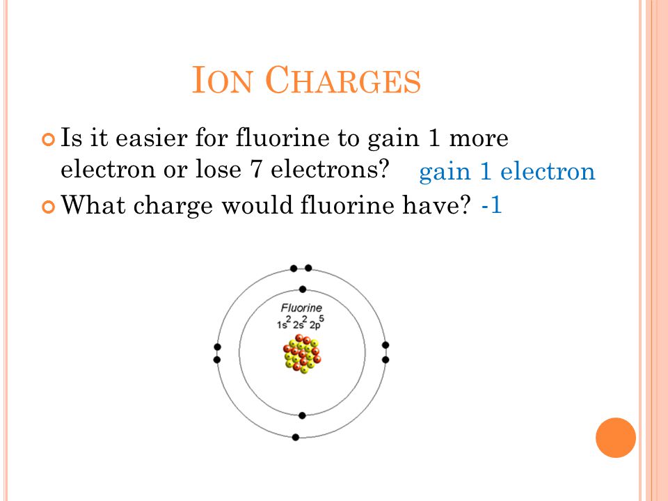 I ON C HARGES Is it easier for fluorine to gain 1 more electron or lose 7 electrons.