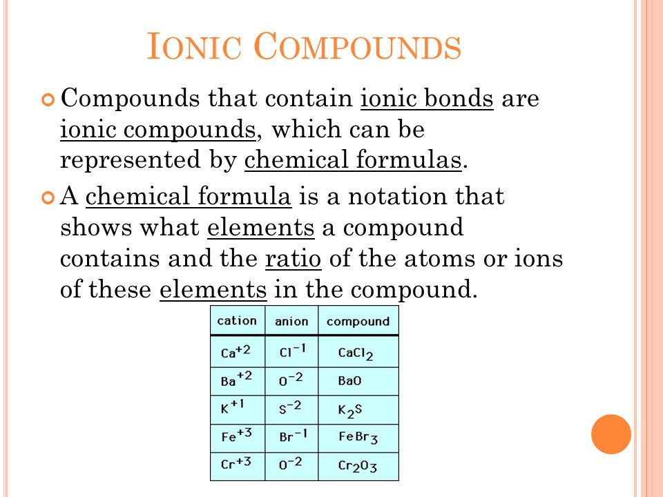 I ONIC C OMPOUNDS Compounds that contain ionic bonds are ionic compounds, which can be represented by chemical formulas.
