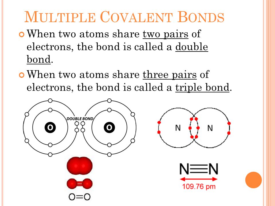 M ULTIPLE C OVALENT B ONDS When two atoms share two pairs of electrons, the bond is called a double bond.