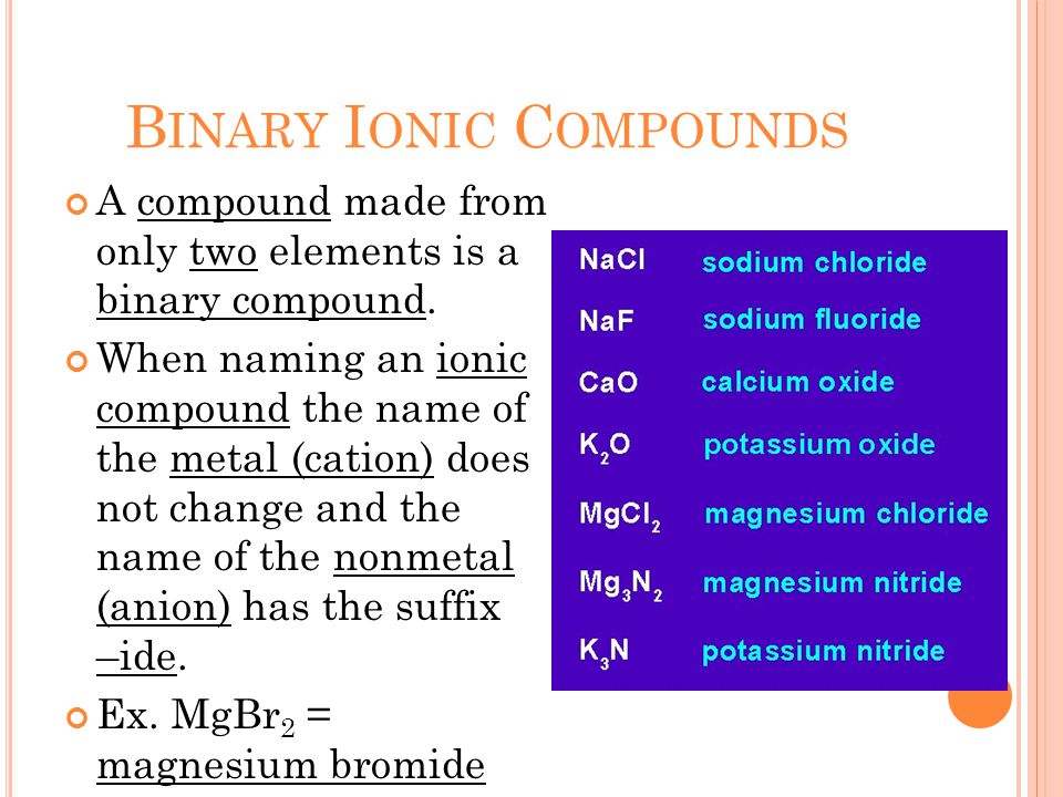 B INARY I ONIC C OMPOUNDS A compound made from only two elements is a binary compound.