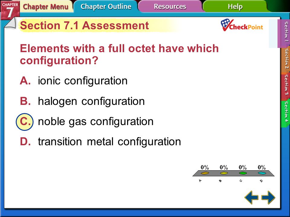 A.A B.B C.C D.D Section 7-1 Section 7.1 Assessment Oxygen gains two electrons to form what kind of ion.