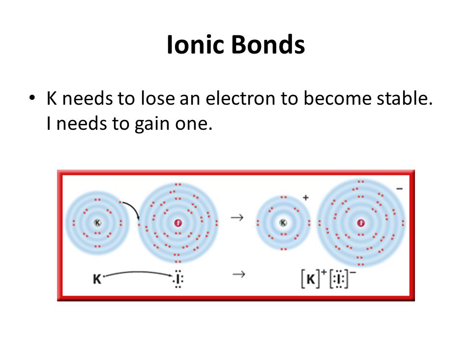 Ionic Bonds K needs to lose an electron to become stable. I needs to gain one.