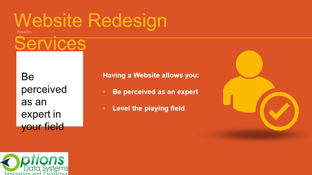 Website Redesign Services Benefits Having a Website allows you: Be perceived as an expert Level the playing field Be perceived as an expert in your field