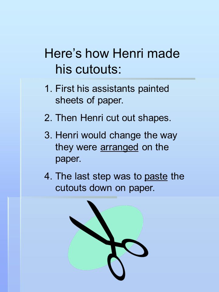 Here’s how Henri made his cutouts: 1.First his assistants painted sheets of paper.