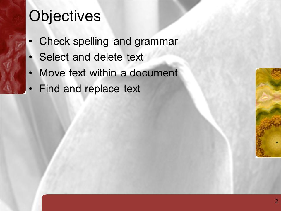 2 Objectives Check spelling and grammar Select and delete text Move text within a document Find and replace text