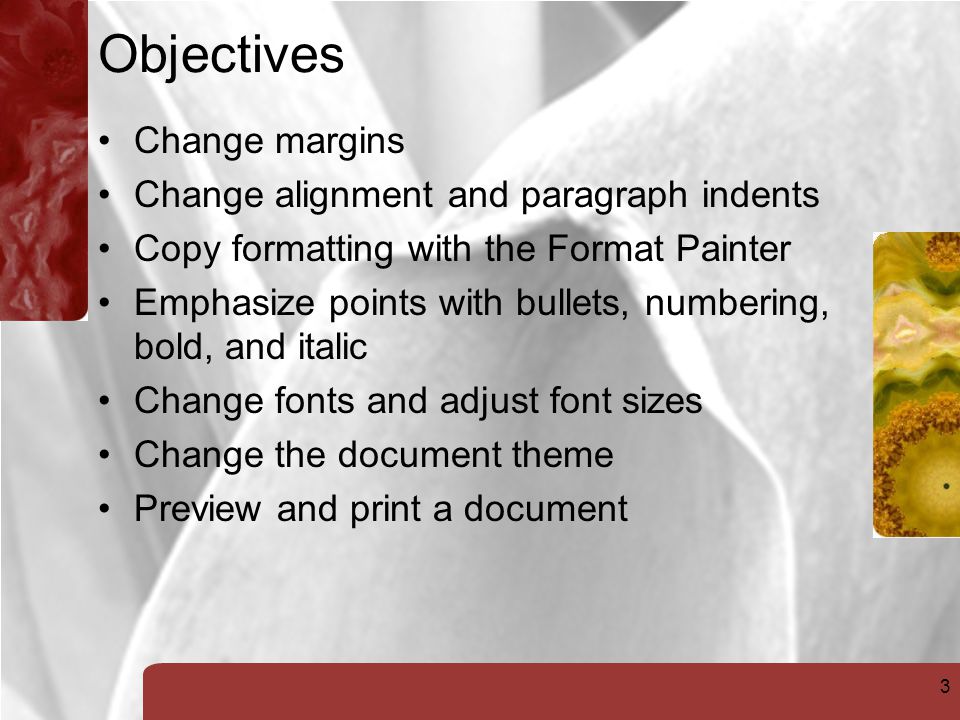 3 Objectives Change margins Change alignment and paragraph indents Copy formatting with the Format Painter Emphasize points with bullets, numbering, bold, and italic Change fonts and adjust font sizes Change the document theme Preview and print a document