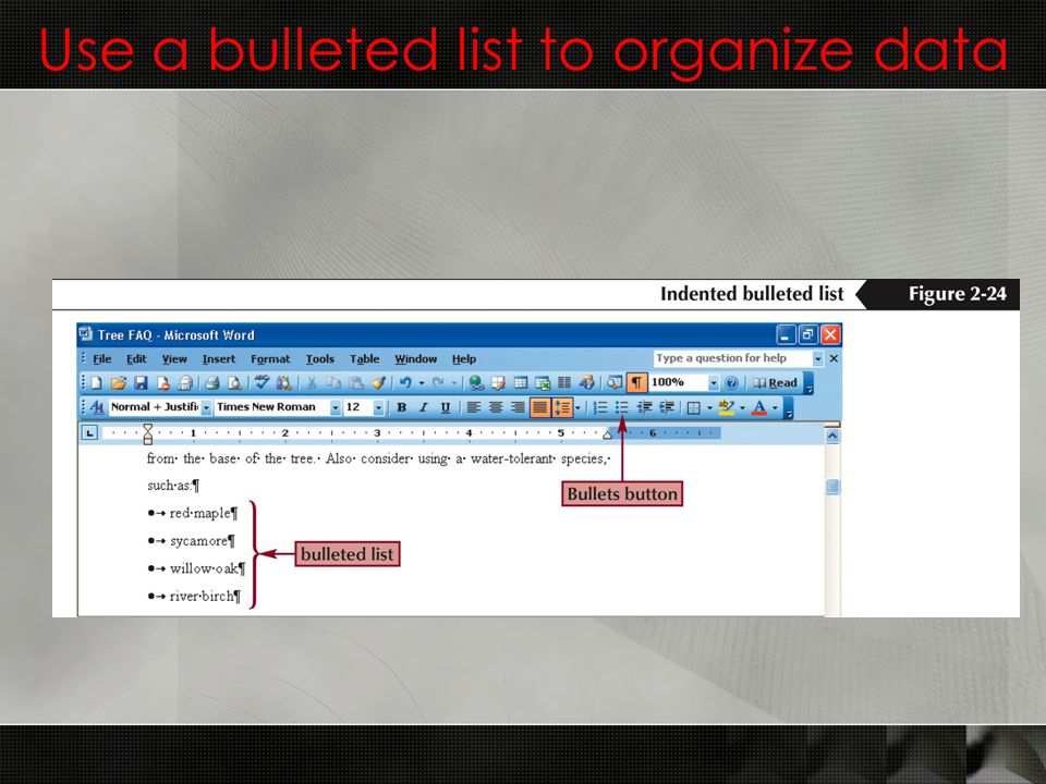 Use a bulleted list to organize data