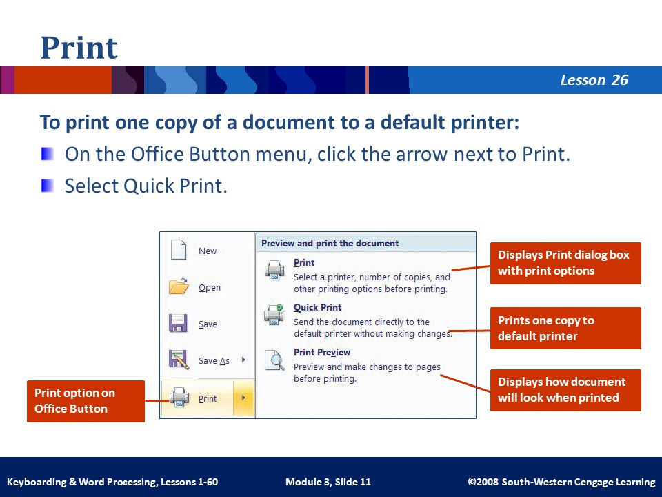 Lesson Module 3, Slide 11 ©2008 South-Western Cengage LearningKeyboarding & Word Processing, Lessons 1-60 Print To print one copy of a document to a default printer: On the Office Button menu, click the arrow next to Print.