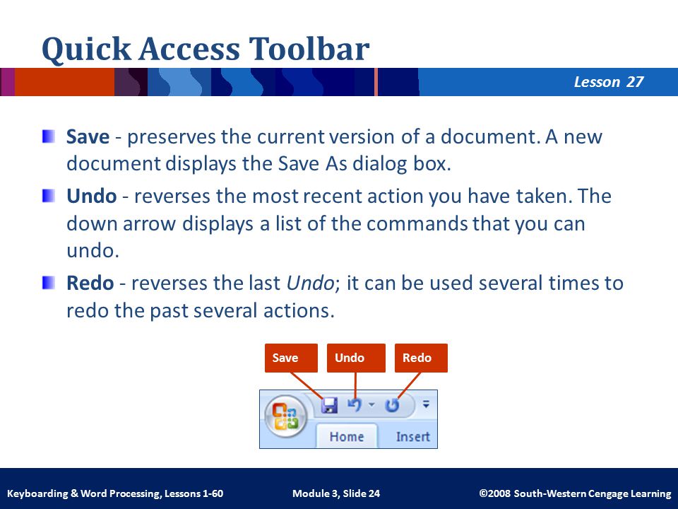 Lesson Module 3, Slide 24 ©2008 South-Western Cengage LearningKeyboarding & Word Processing, Lessons 1-60 Quick Access Toolbar Save - preserves the current version of a document.