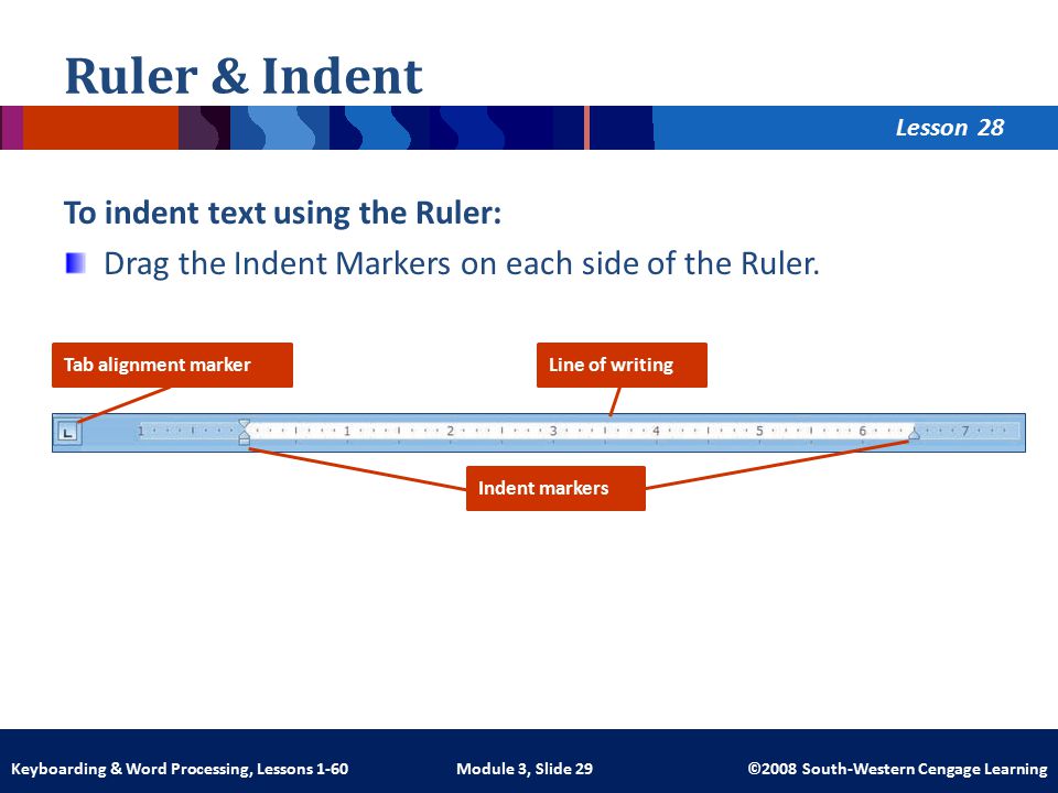 Lesson Module 3, Slide 29 ©2008 South-Western Cengage LearningKeyboarding & Word Processing, Lessons 1-60 Ruler & Indent To indent text using the Ruler: Drag the Indent Markers on each side of the Ruler.