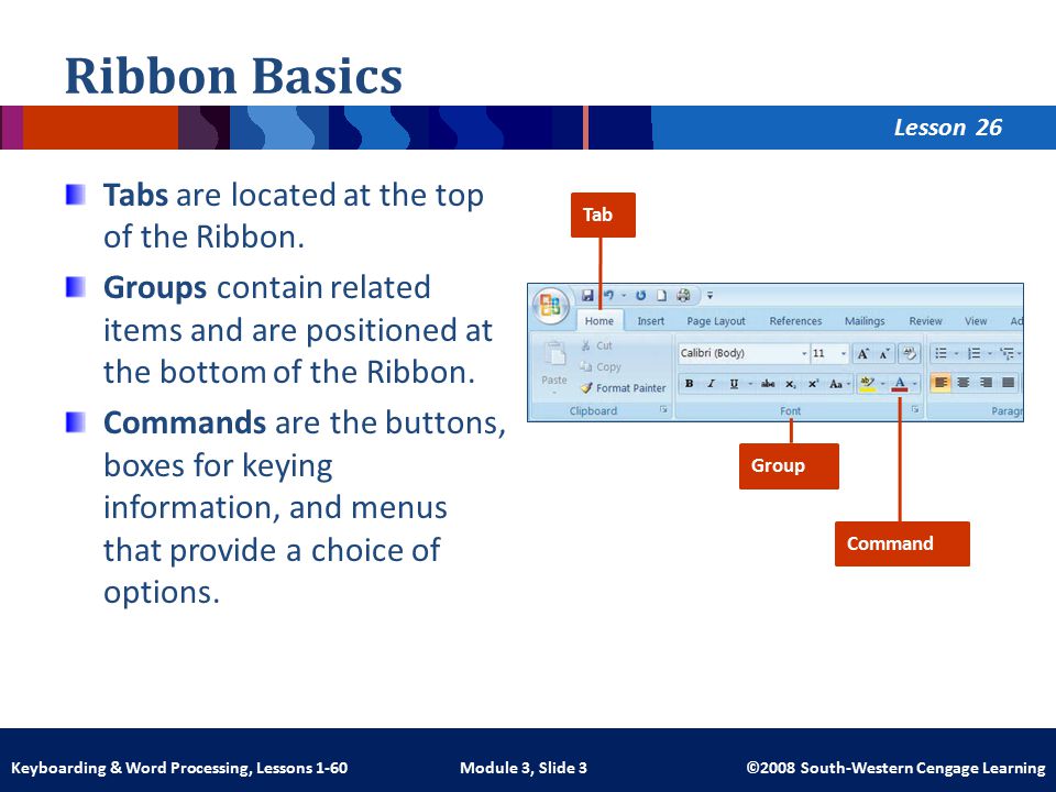 Lesson Module 3, Slide 3 ©2008 South-Western Cengage LearningKeyboarding & Word Processing, Lessons 1-60 Tabs are located at the top of the Ribbon.