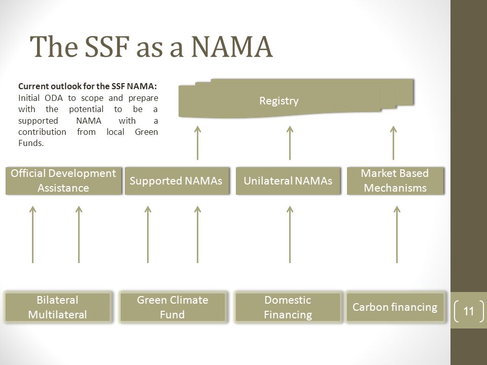 The SSF as a NAMA 11 Bilateral Multilateral Bilateral Multilateral Official Development Assistance Supported NAMAs Unilateral NAMAs Market Based Mechanisms Registry Green Climate Fund Domestic Financing Carbon financing Current outlook for the SSF NAMA: Initial ODA to scope and prepare with the potential to be a supported NAMA with a contribution from local Green Funds.