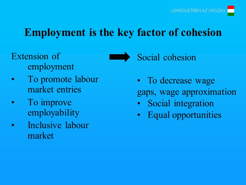 Employment is the key factor of cohesion Extension of employment To promote labour market entries To improve employability Inclusive labour market Social cohesion To decrease wage gaps, wage approximation Social integration Equal opportunities