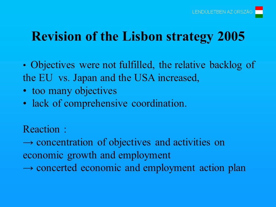 Revision of the Lisbon strategy 2005 Objectives were not fulfilled, the relative backlog of the EU vs.