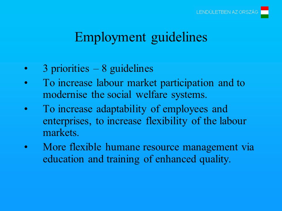 Employment guidelines 3 priorities – 8 guidelines To increase labour market participation and to modernise the social welfare systems.