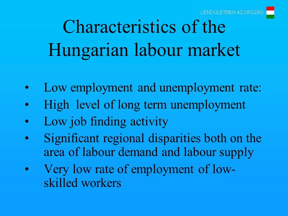 Characteristics of the Hungarian labour market Low employment and unemployment rate: High level of long term unemployment Low job finding activity Significant regional disparities both on the area of labour demand and labour supply Very low rate of employment of low- skilled workers