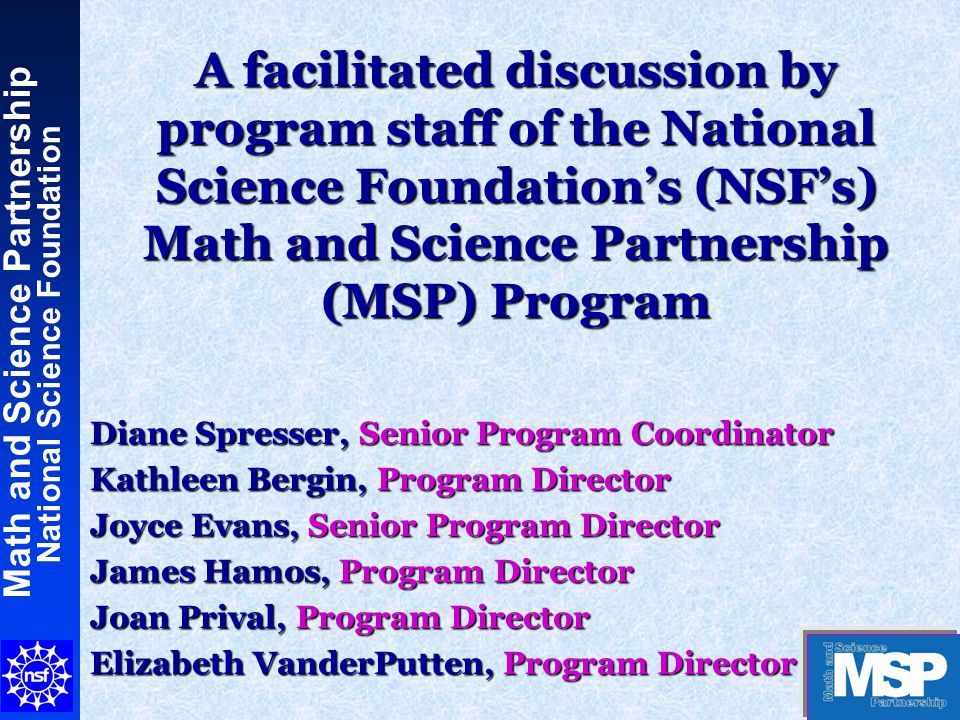 Math and Science Partnership National Science Foundation A facilitated discussion by program staff of the National Science Foundation’s (NSF’s) Math and Science Partnership (MSP) Program Diane Spresser, Senior Program Coordinator Kathleen Bergin, Program Director Joyce Evans, Senior Program Director James Hamos, Program Director Joan Prival, Program Director Elizabeth VanderPutten, Program Director